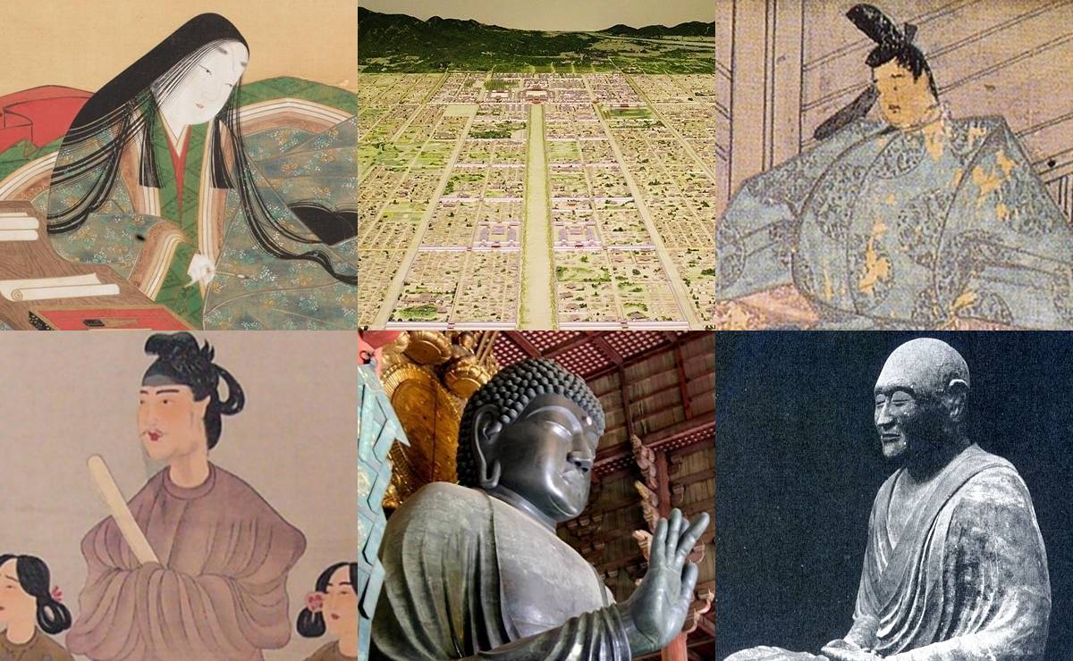 飛鳥・奈良・平安時代を代表する人物と文化を描いた画像。聖徳太子や聖武天皇、藤原道長、紫式部など古代日本の政治や文化の象徴が並びます。