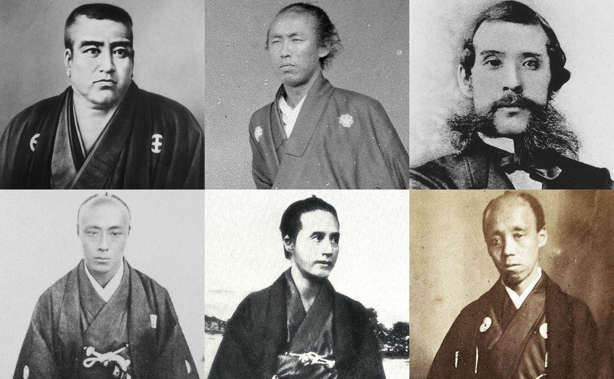 幕末人物(上段:西郷隆盛・坂本龍馬・大久保利通/下段:徳川慶喜・勝海舟・小栗忠順)をまとめた肖像写真