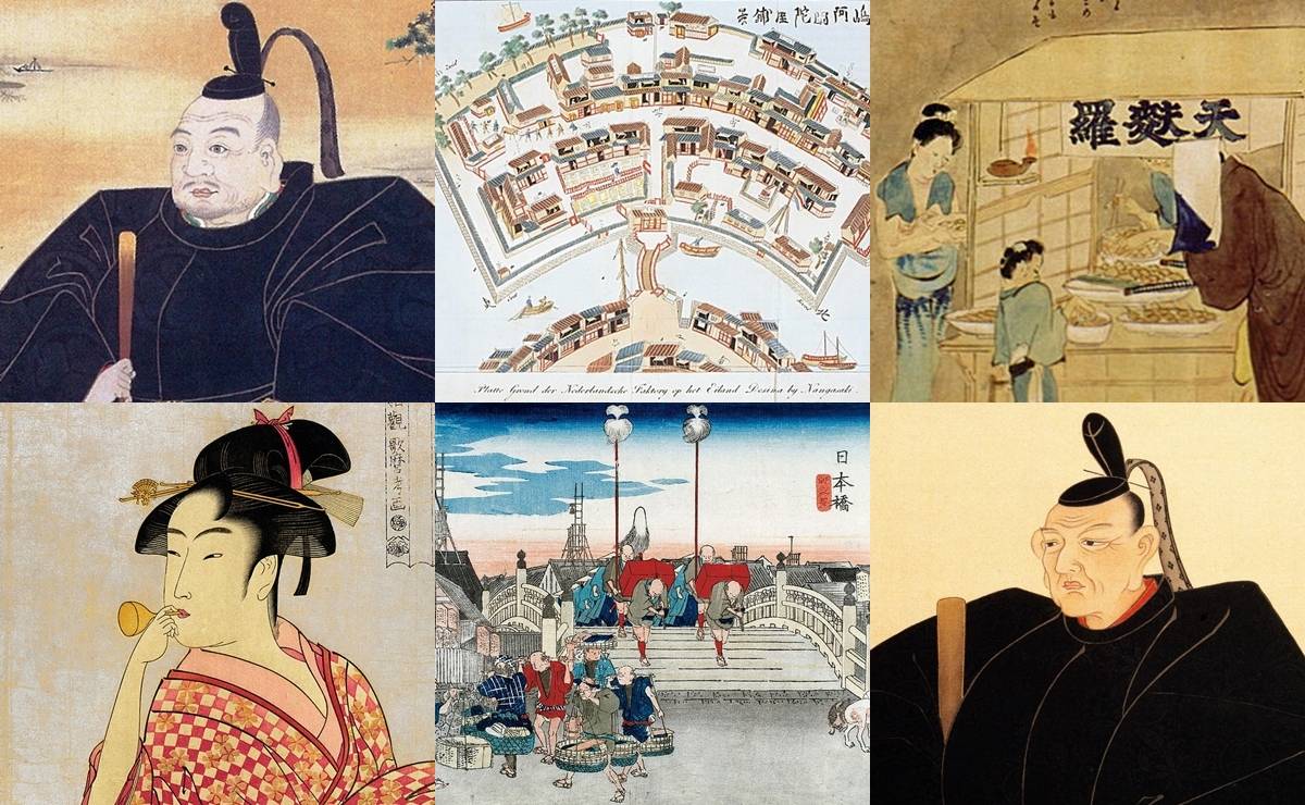 江戸時代の文化と社会を描いた絵画の組み合わせ。徳川家康や徳川家光の肖像、出島や日本橋の風景、庶民の屋台や美人画など、江戸の政治・経済・文化を象徴する場面をまとめた画像。