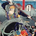 木村重成の浮世絵（歌川芳虎作）／大坂七将星に数えられる若武者の重成が最期となった若江の戦いで槍を振るい奮戦する姿