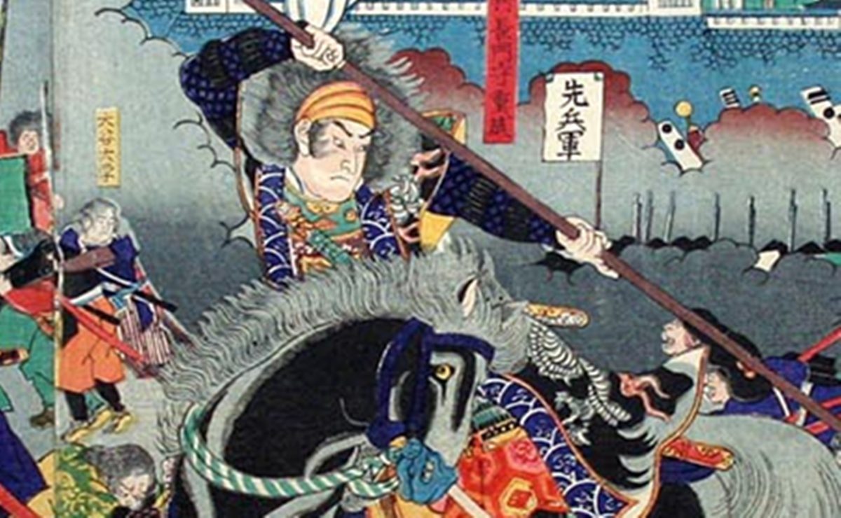 木村重成の浮世絵（歌川芳虎作）／大坂七将星に数えられる若武者の重成が最期となった若江の戦いで槍を振るい奮戦する姿