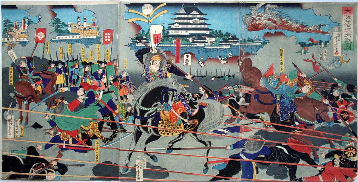 木村重成の浮世絵（歌川芳虎作）／大坂七将星に数えられる若武者の重成が最期となった若江の戦いで槍を振るい奮戦する姿