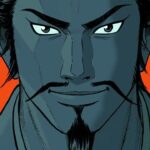 織田信長のイラスト。赤い背景を背に、鋭い眼差しで前を見据える戦国武将の姿を描いた作品で、『信長公記』の主題を象徴するビジュアル。