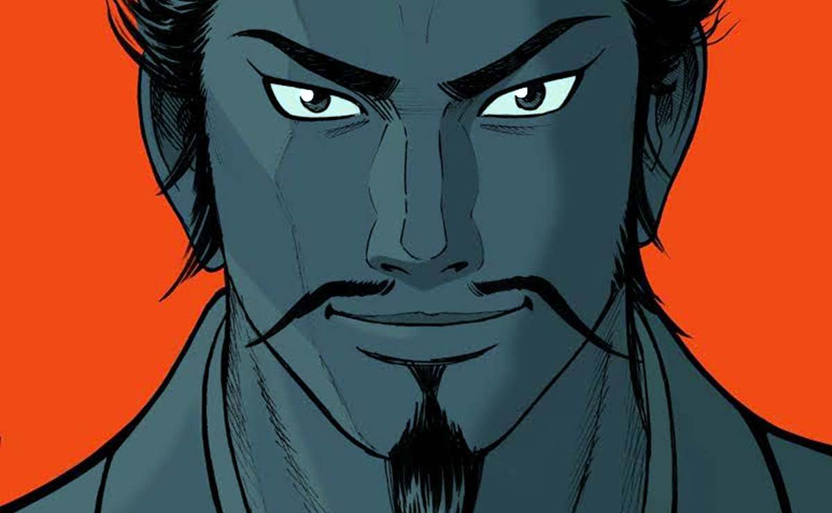 織田信長のイラスト。赤い背景を背に、鋭い眼差しで前を見据える戦国武将の姿を描いた作品で、『信長公記』の主題を象徴するビジュアル。