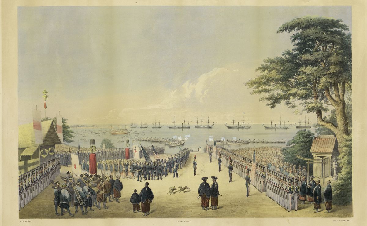 嘉永7年(1854年)ペリーの黒船来航(ヴィルヘルム・ハイネのリトグラフ)