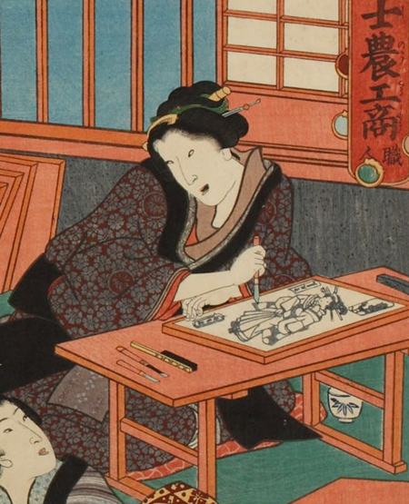 三代歌川豊国『今様見立士農工商 職人』｜浮世絵の制作工程を女性で表現した見立て絵（三枚続）