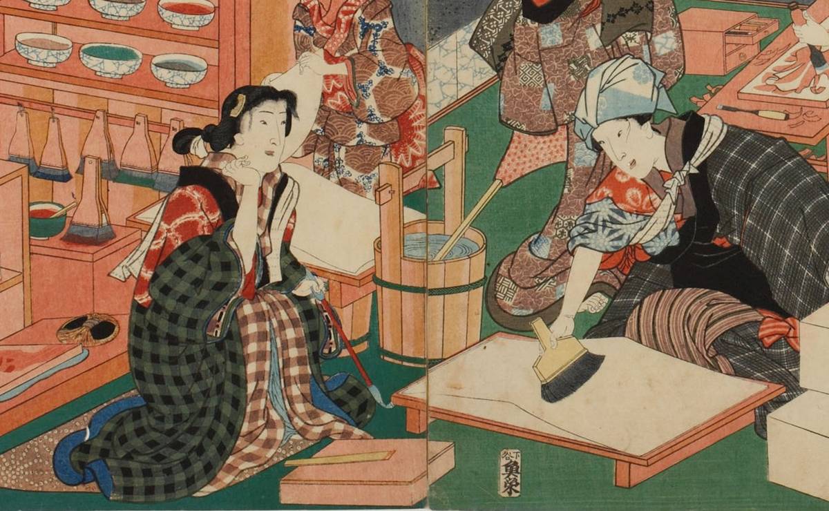 三代歌川豊国『今様見立士農工商 職人』｜浮世絵の制作工程を女性で表現した見立て絵（三枚続）