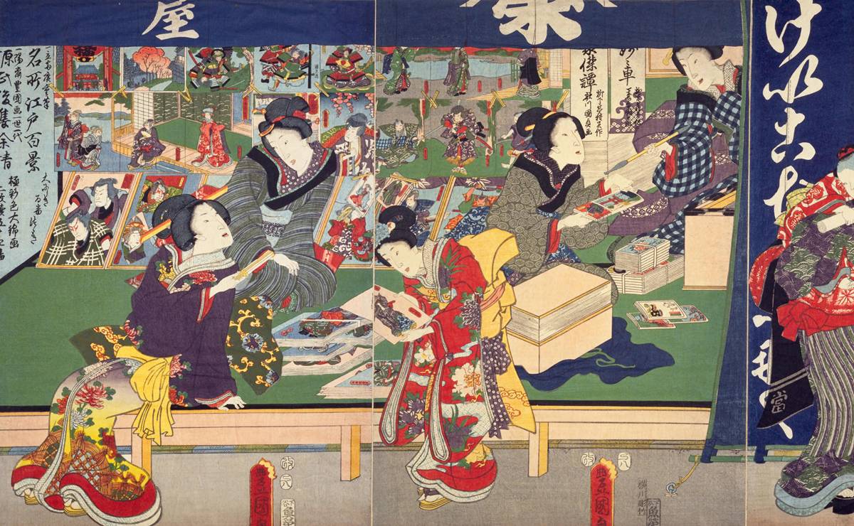 三代歌川豊国『今様見立士農工商 商人』｜江戸の絵草紙屋の店先に錦絵が並ぶ様子