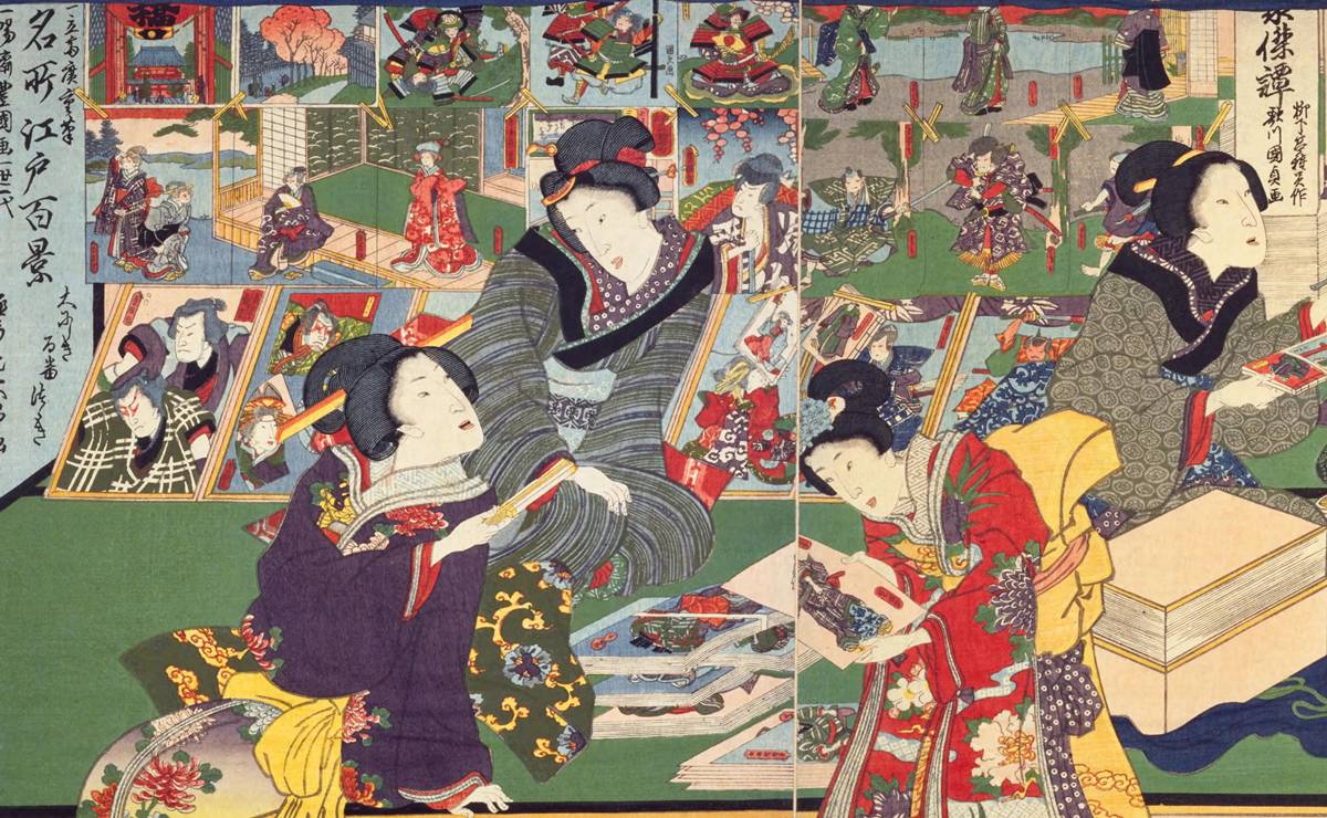 三代歌川豊国『今様見立士農工商 商人』｜江戸の絵草紙屋の店先に錦絵が並ぶ様子