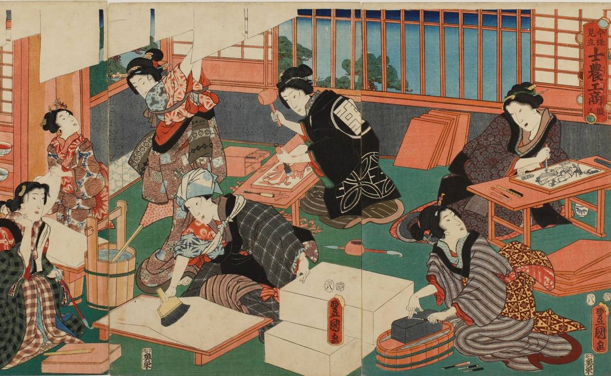 三代歌川豊国『今様見立士農工商 職人』｜浮世絵の制作工程を女性で表現した見立て絵（三枚続）