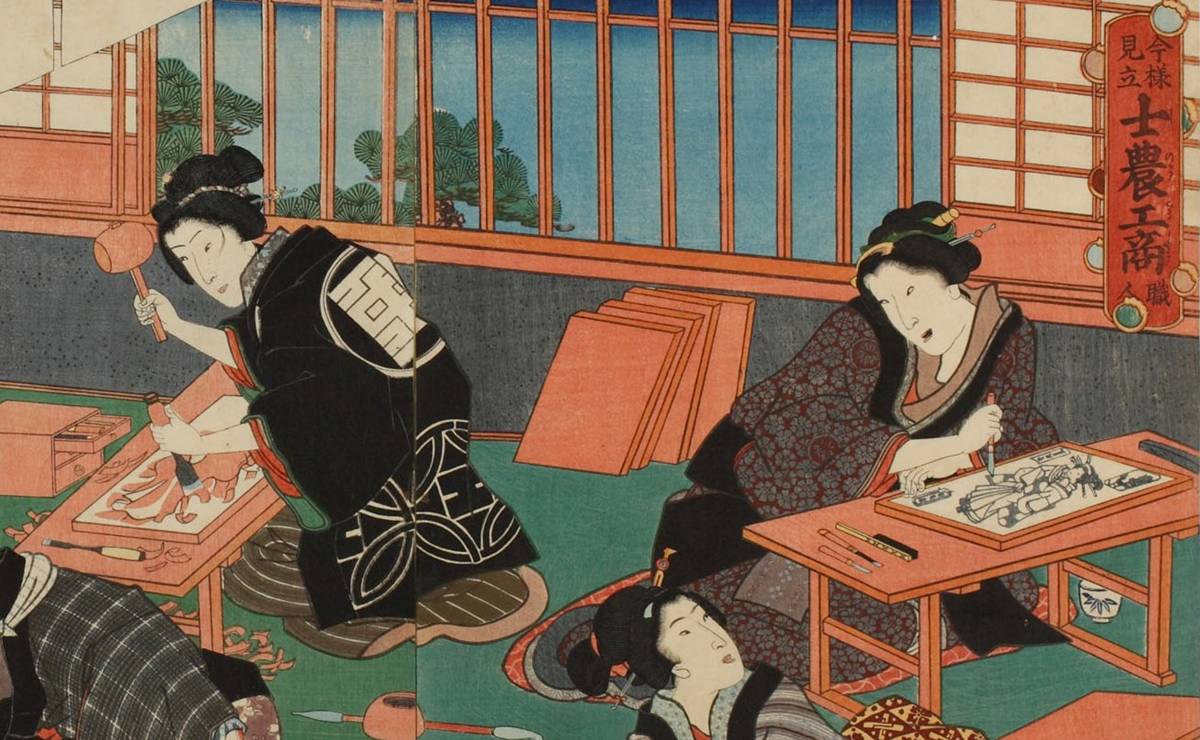 三代歌川豊国『今様見立士農工商 職人』｜浮世絵の制作工程を女性で表現した見立て絵（三枚続）