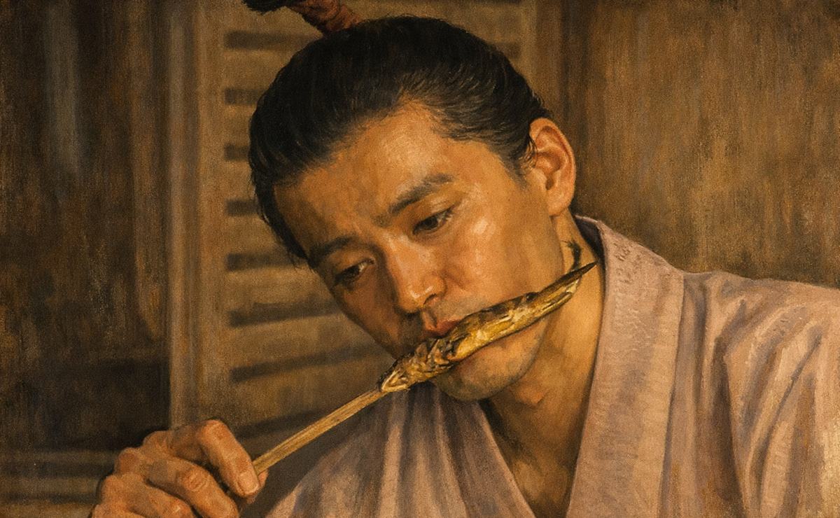 鮎を食べる『豊臣兄弟』織田信長のイメージイラスト