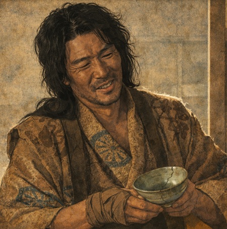 蜂須賀正勝が茶器を持つイメージイラスト