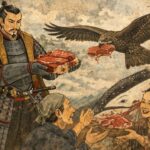 織田信長が鯨肉を配っているイメージイラスト