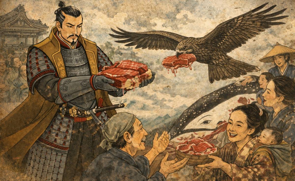 織田信長が鯨肉を配っているイメージイラスト