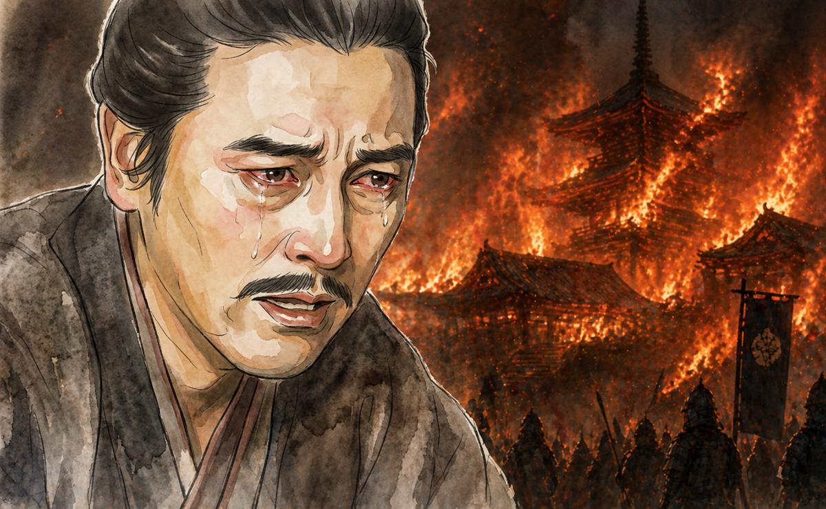 比叡山焼き討ちをして泣く明智光秀イメージイラスト｜大河ドラマ『豊臣兄弟』