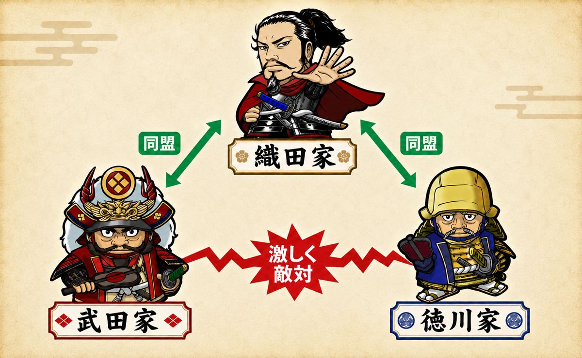 織田家・徳川家・武田家の複雑な関係図イメージイラスト