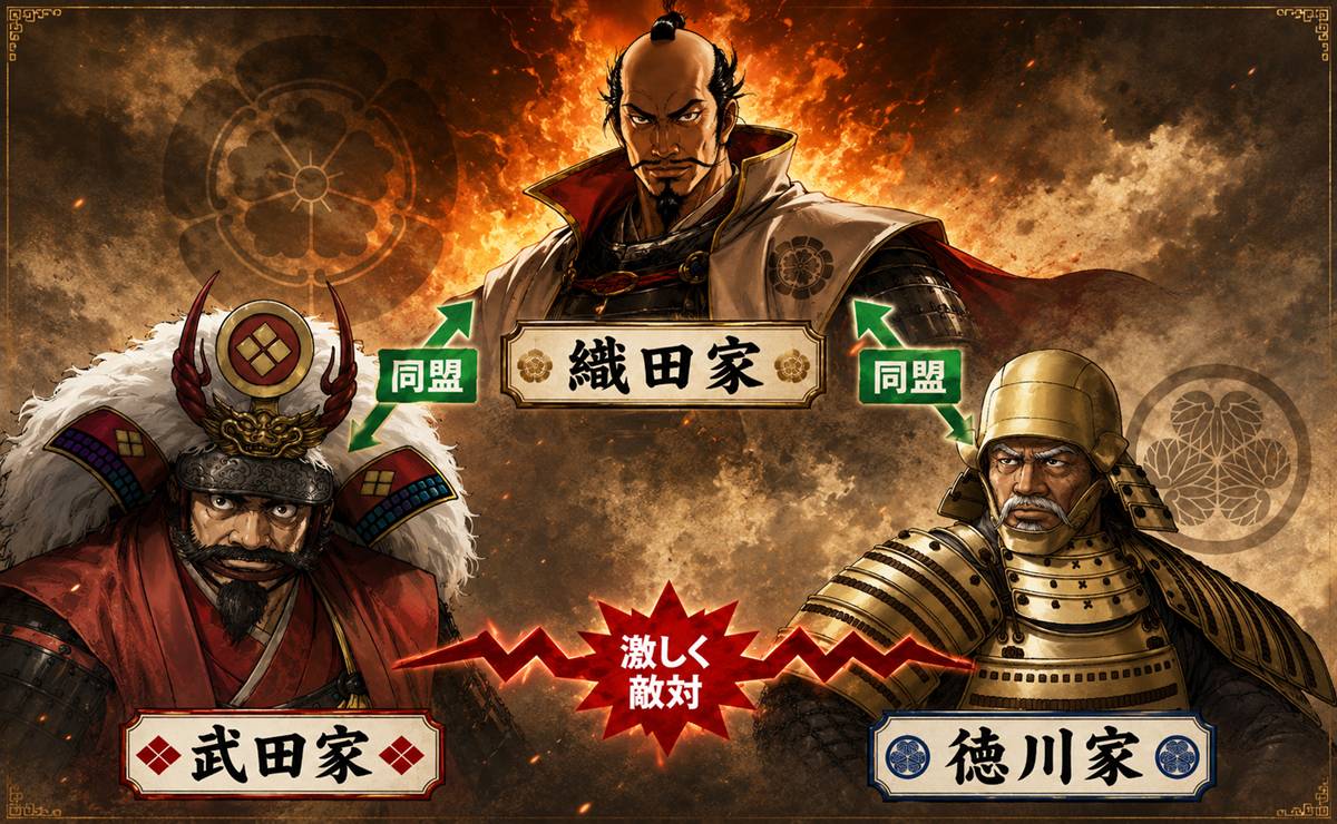 織田家・徳川家・武田家の複雑な関係図イメージイラスト