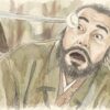 大河ドラマ『豊臣兄弟』荒木村重が刀に刺さった饅頭を食うイメージイラスト