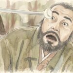 大河ドラマ『豊臣兄弟』荒木村重が刀に刺さった饅頭を食うイメージイラスト
