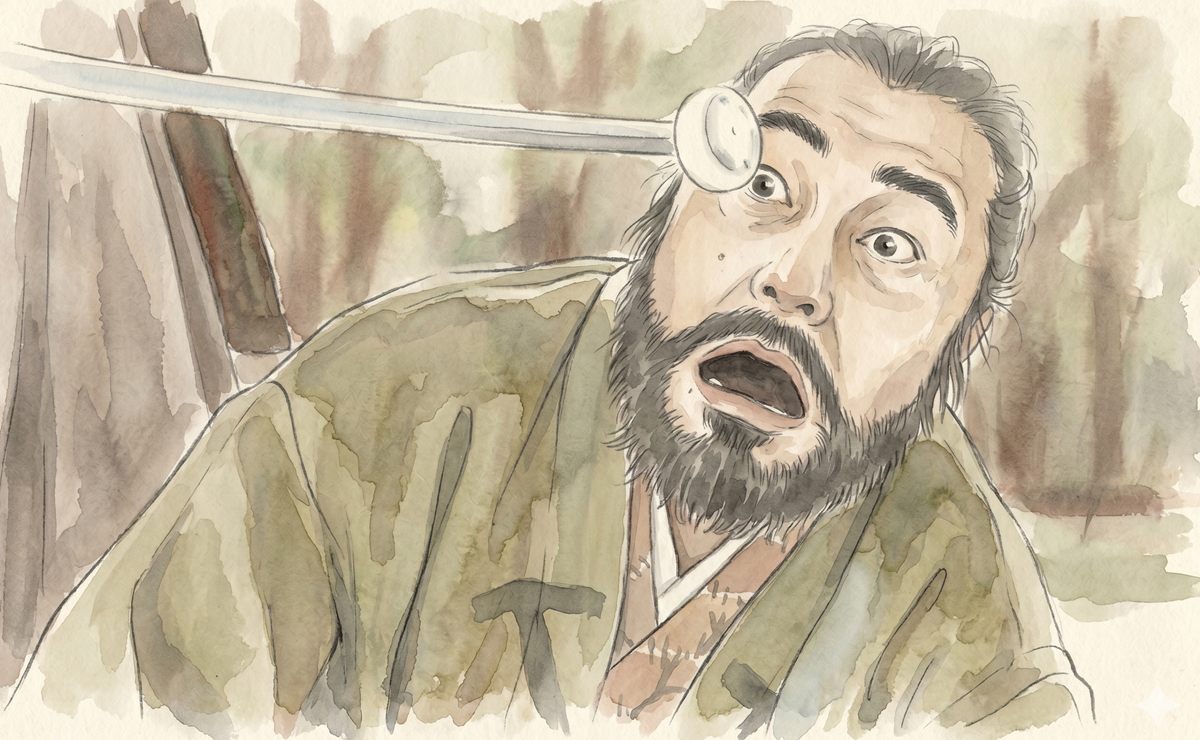 大河ドラマ『豊臣兄弟』荒木村重が刀に刺さった饅頭を食うイメージイラスト