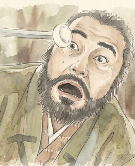 大河ドラマ『豊臣兄弟』荒木村重が刀に刺さった饅頭を食うイメージイラスト
