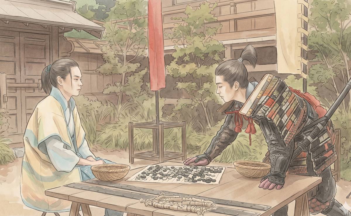 大河ドラマ『豊臣兄弟』半兵衛と官兵衛が囲碁を指すイメージイラスト