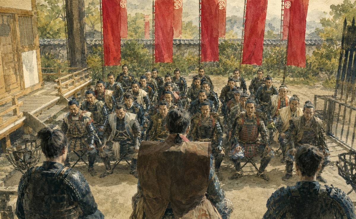 軍議をする山崎の織田軍イラストイメージ