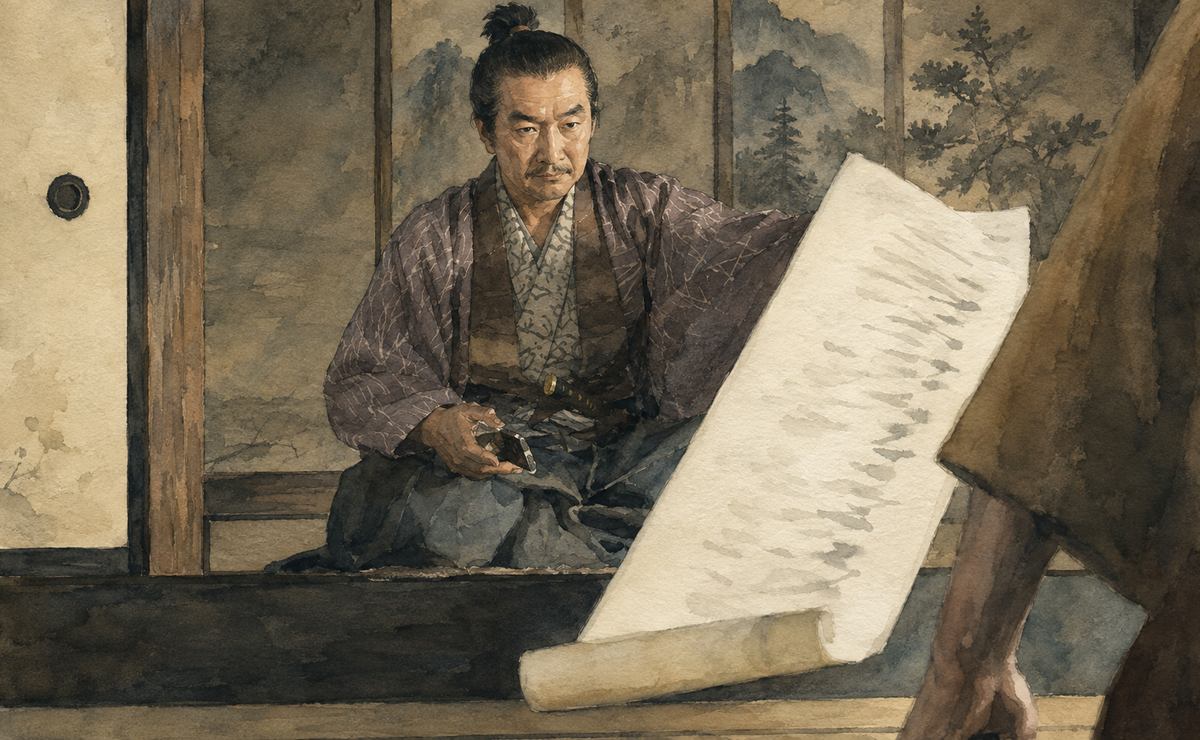 秀吉が調略した諸将リストを広げる丹羽長秀のイメージイラスト