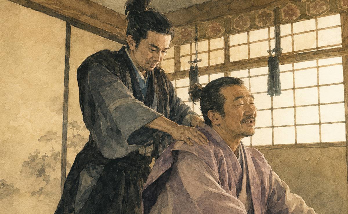 羽柴秀長が丹羽長秀の肩を揉むイメージイラスト
