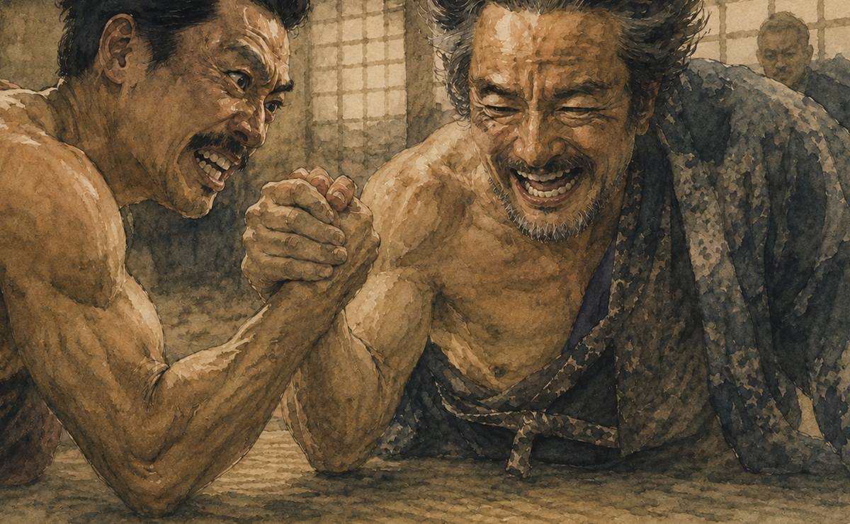 豊臣兄弟前田利家と柴田勝家の腕押しイメージイラスト